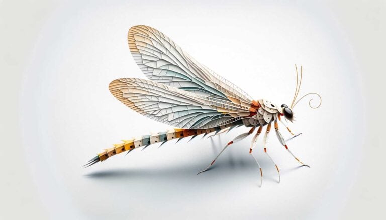 A mayfly on a white background